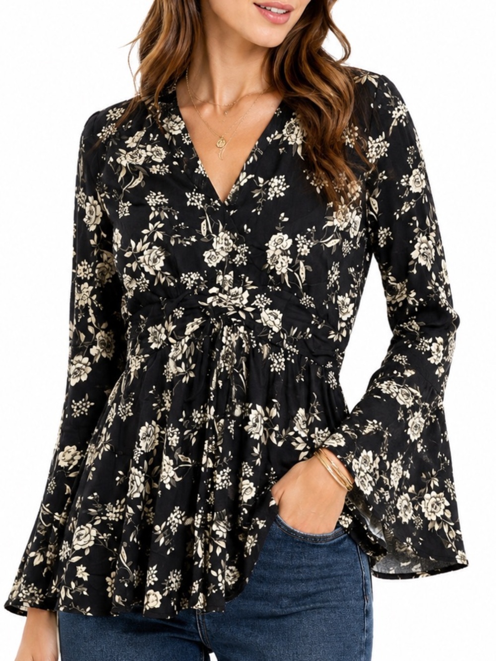 Entro Floral Babydoll Blouse S Black Boho Bell Sleeve V Neck NWT